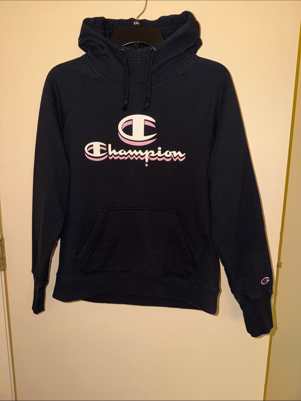 Champion Black Crossover Neck Hoodie with Pink and White Logo